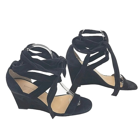 Banana republic black long straps wedge shoes size 8.5 medium - Picture 3 of 5